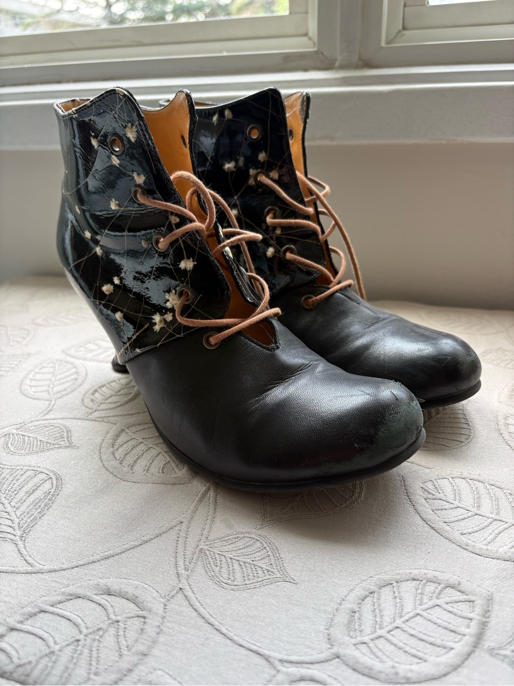 John Fluevog Rose Dunn Black Leather Ankle Boots with White Flowers